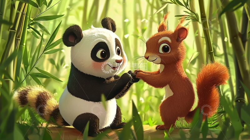 高清大图下载【趣麦麦图】卡通熊猫和松鼠