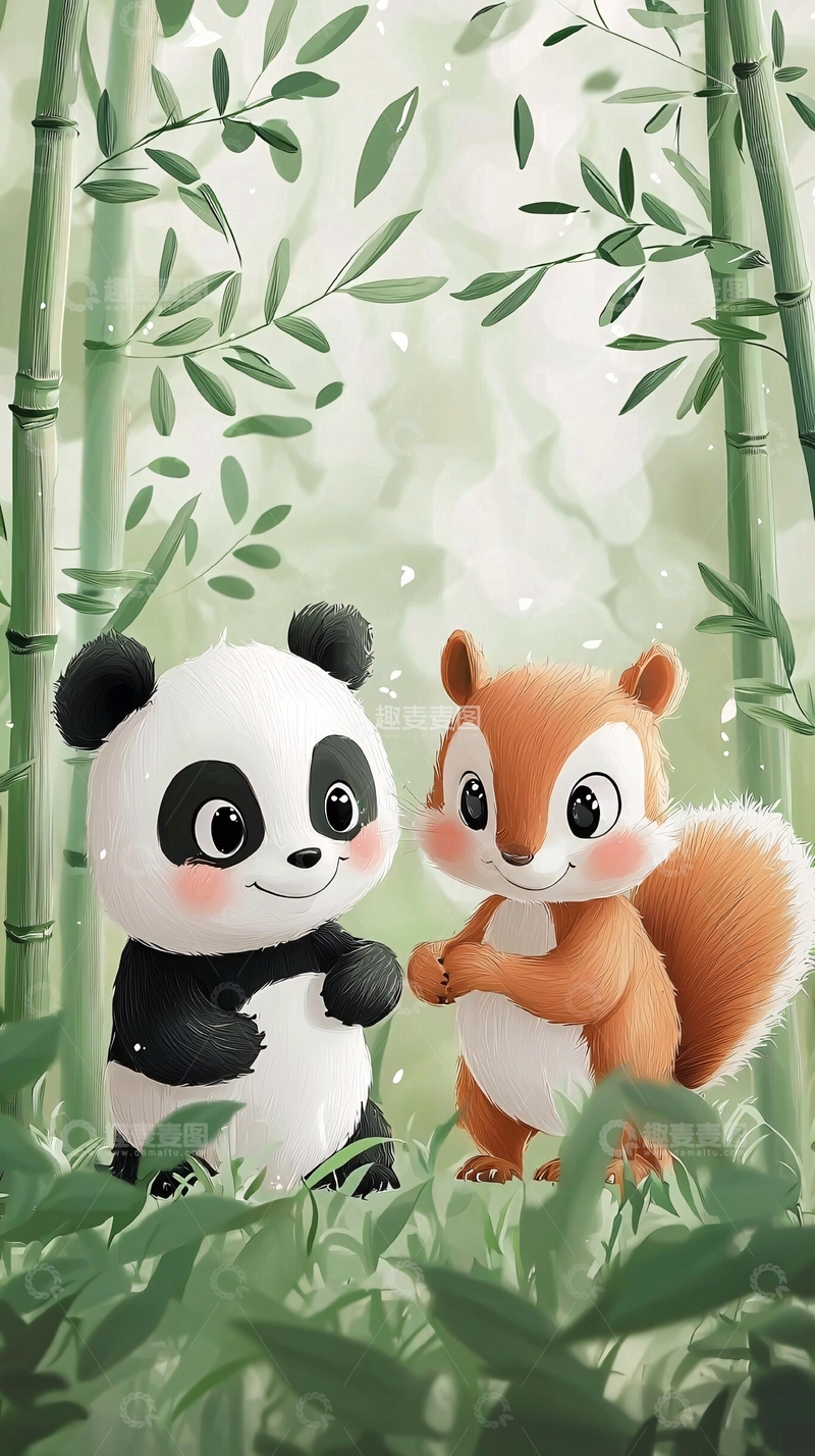 高清大图下载【趣麦麦图】萌宠熊猫松鼠竹林