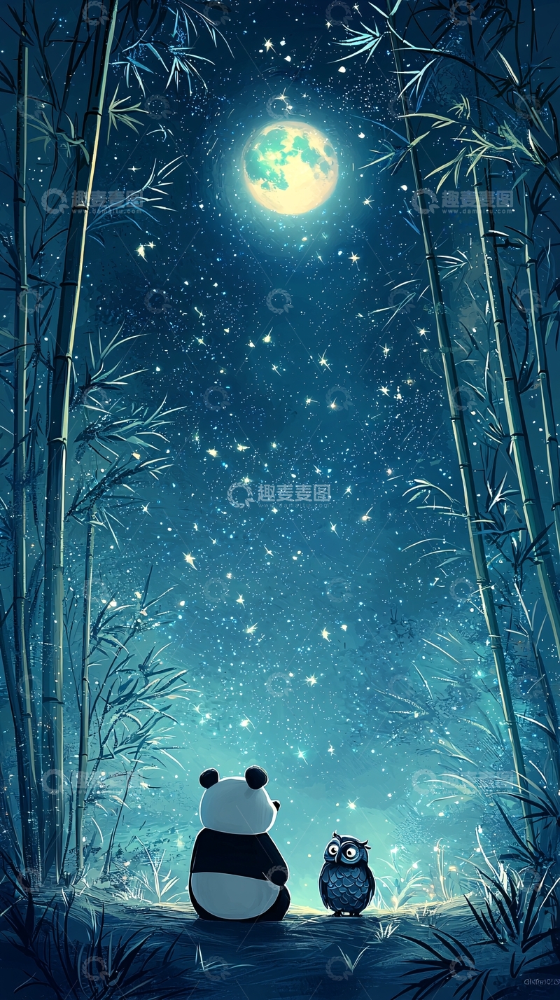 高清大图下载【趣麦麦图】熊猫和猫头鹰看月亮