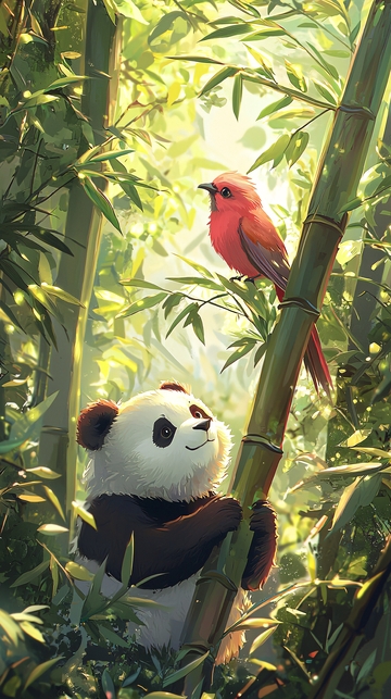 熊猫和红鸟竹林