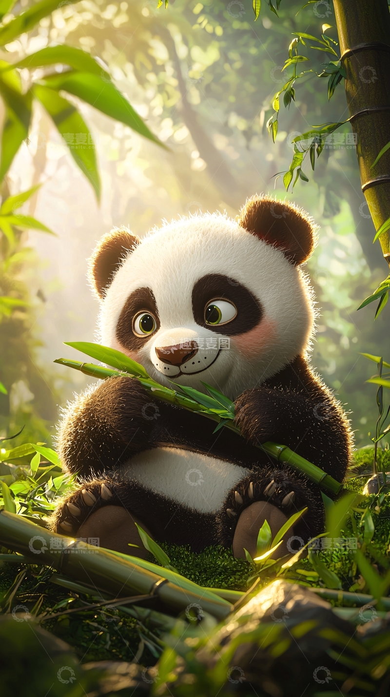 高清大图下载【趣麦麦图】可爱卡通熊猫吃竹子