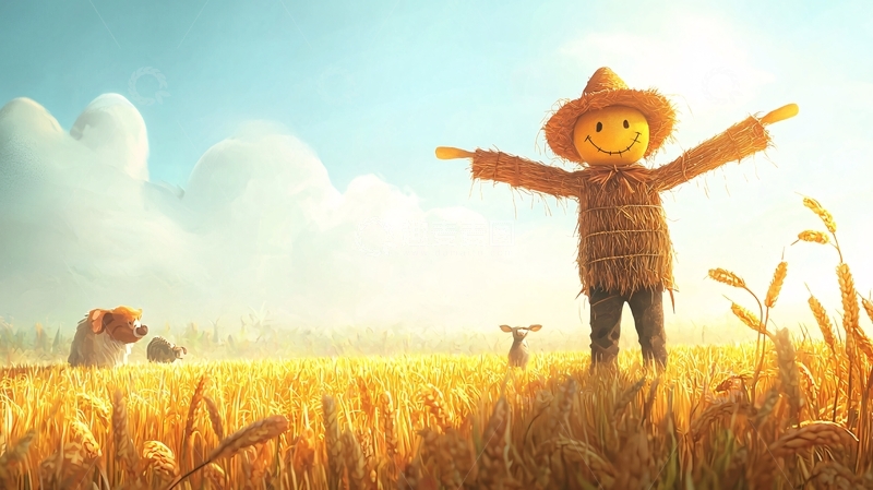 高清大图下载【趣麦麦图】稻田里快乐的稻草人