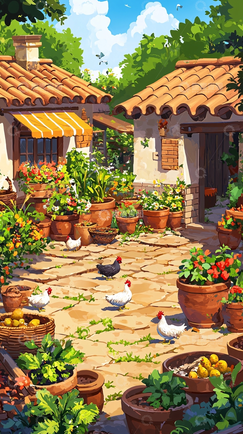 高清大图下载【趣麦麦图】阳光下的地中海乡村庭院