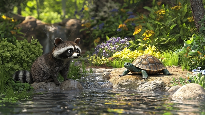 高清大图下载【趣麦麦图】浣熊和乌龟森林溪流