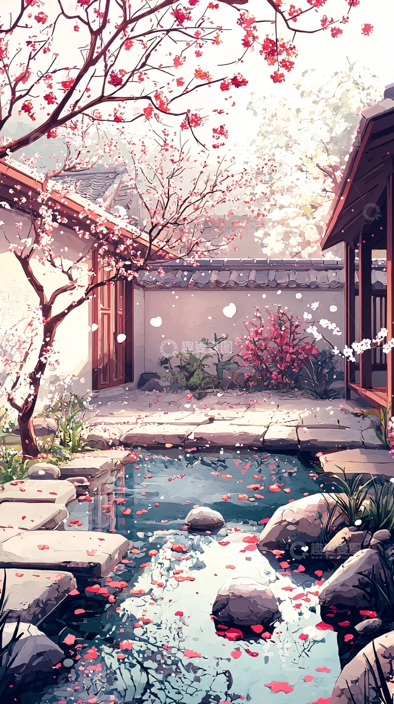 高清大图下载【趣麦麦图】唯美日式庭院樱花飞舞