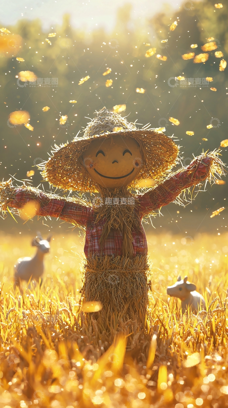 高清大图下载【趣麦麦图】稻草人田园秋收景象