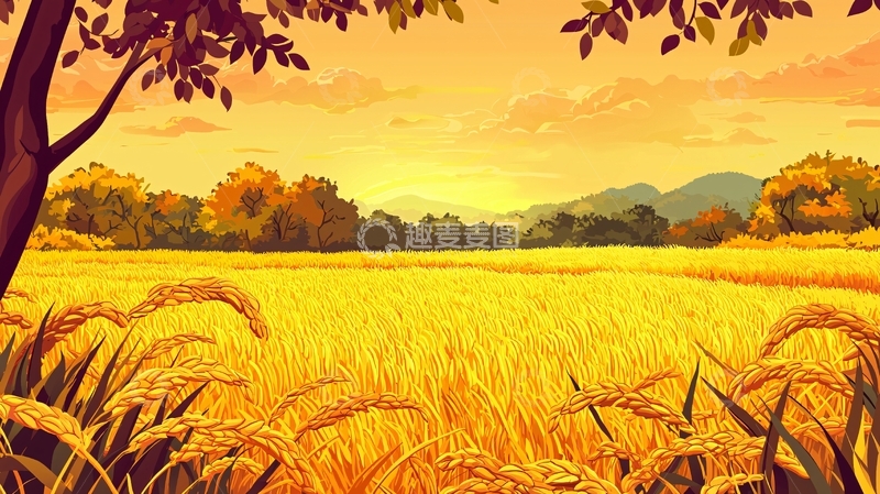 高清大图下载【趣麦麦图】金黄稻田夕阳美景