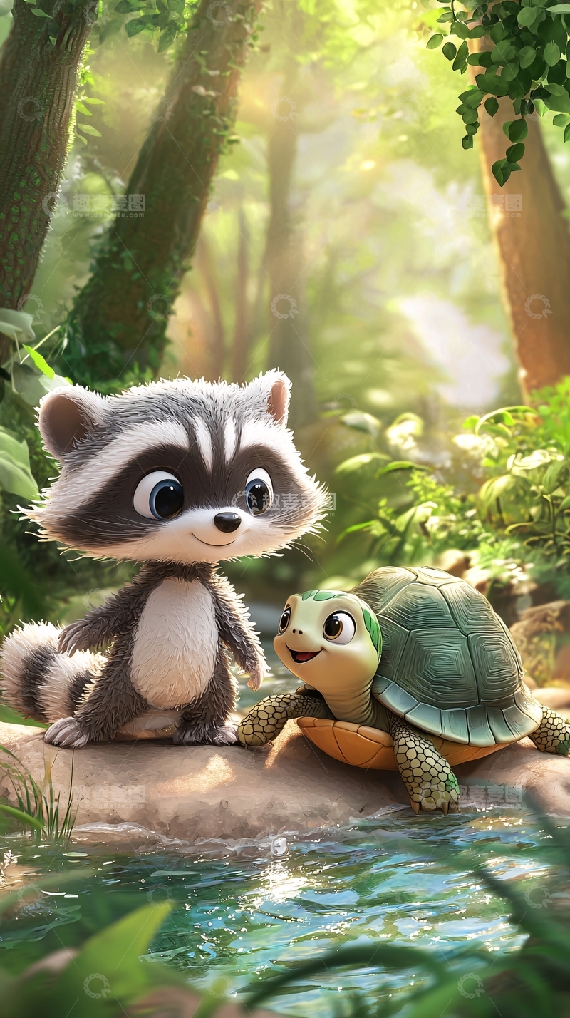 高清大图下载【趣麦麦图】浣熊和乌龟森林朋友