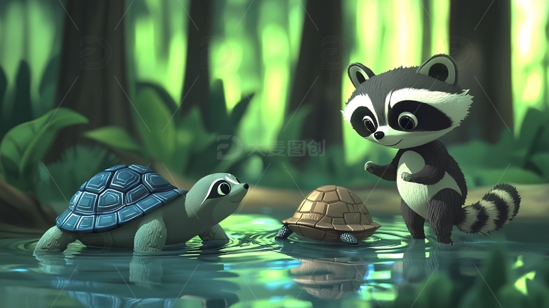 高清大图下载【趣麦麦图】浣熊和小乌龟森林场景