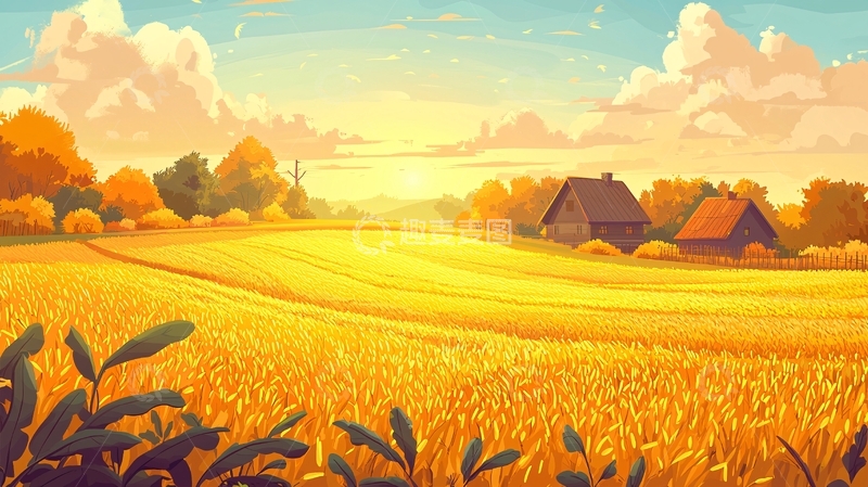 高清大图下载【趣麦麦图】金黄麦田夕阳下的村庄