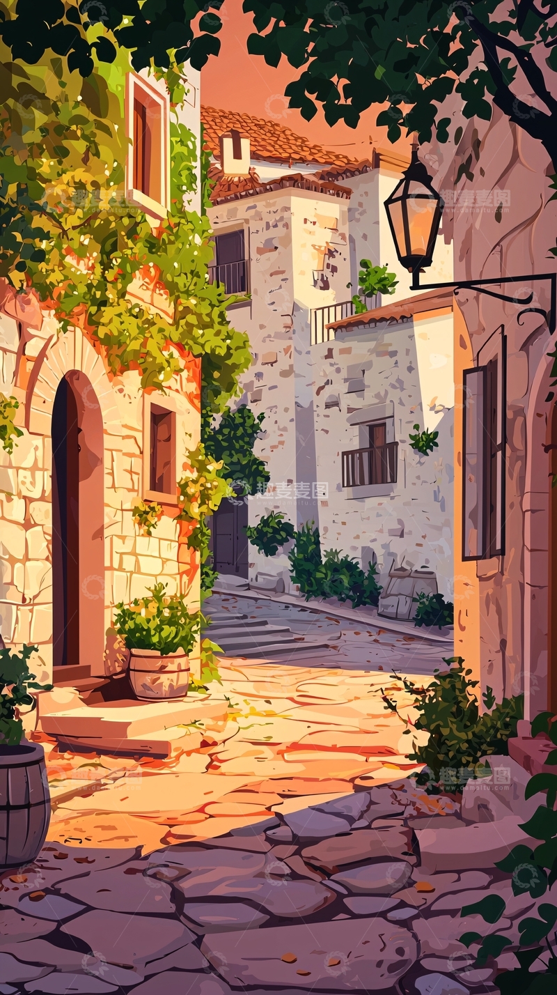 高清大图下载【趣麦麦图】夕阳下的石板路欧洲小镇