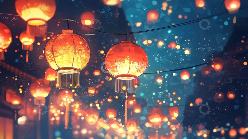 高清大图下载【趣麦麦图】夜晚街景灯笼