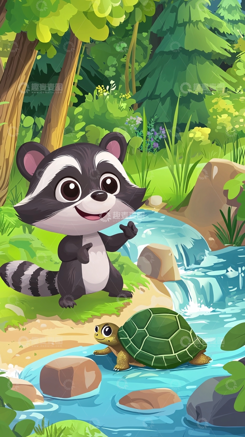 高清大图下载【趣麦麦图】浣熊和乌龟森林溪流