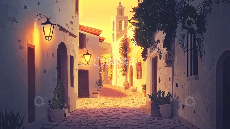 高清大图下载【趣麦麦图】夕阳下的白色小镇街道