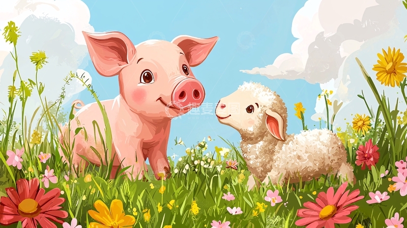 高清大图下载【趣麦麦图】小猪和小羊在花丛中