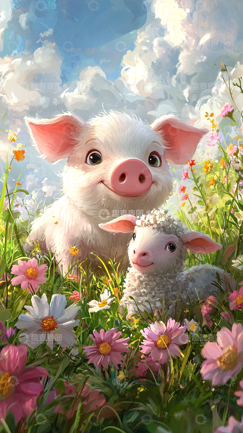 高清大图下载【趣麦麦图】小猪和小羊在花丛中