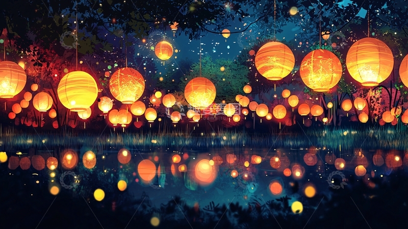 高清大图下载【趣麦麦图】梦幻森林灯笼夜色