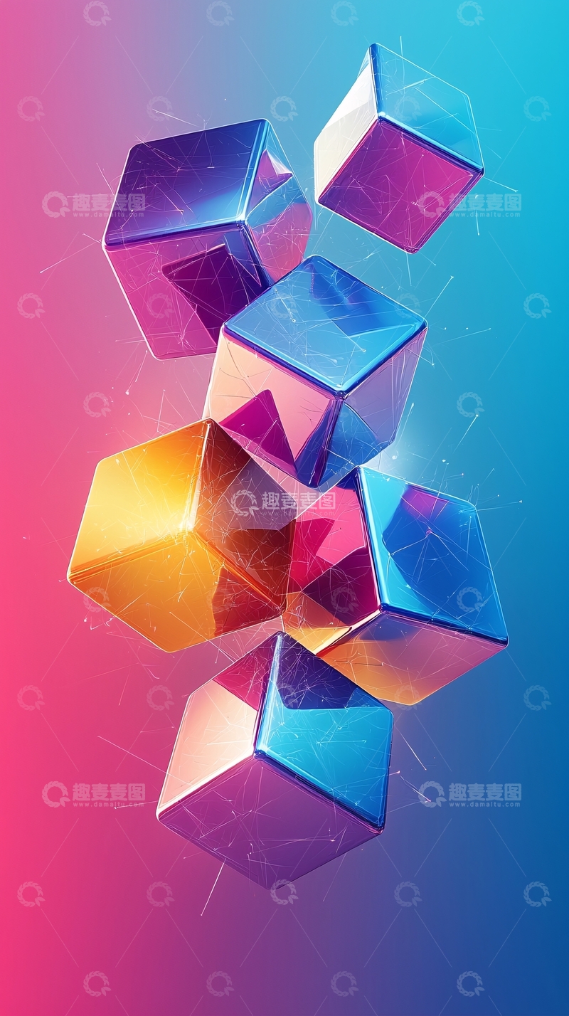 高清大图下载【趣麦麦图】漂浮的彩色金属立方体