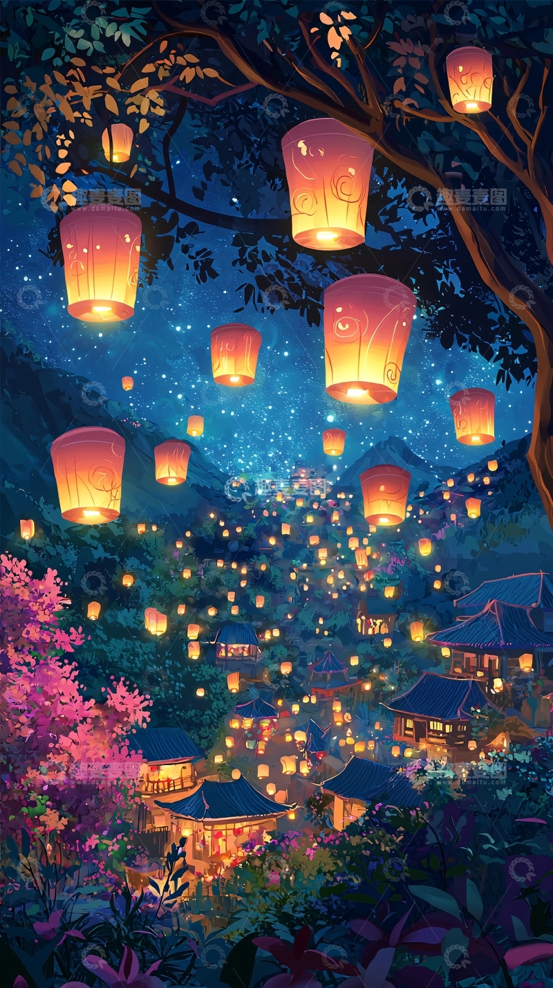 高清大图下载【趣麦麦图】夜空中飞舞的孔明灯