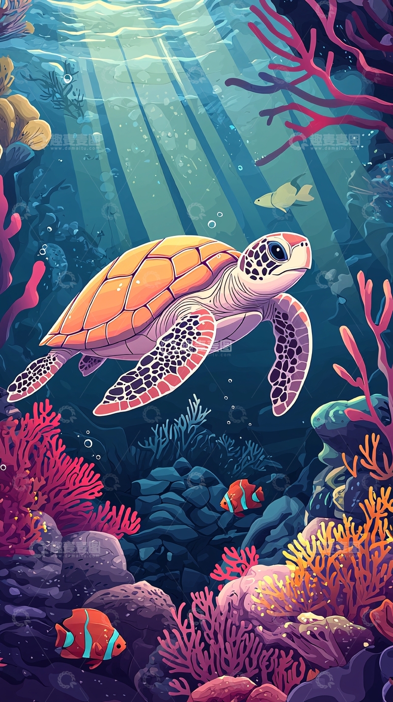 高清大图下载【趣麦麦图】阳光透过海水照射海龟
