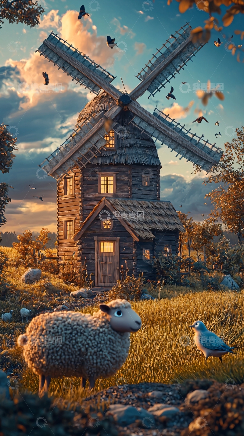 高清大图下载【趣麦麦图】夕阳下的木制风车小屋