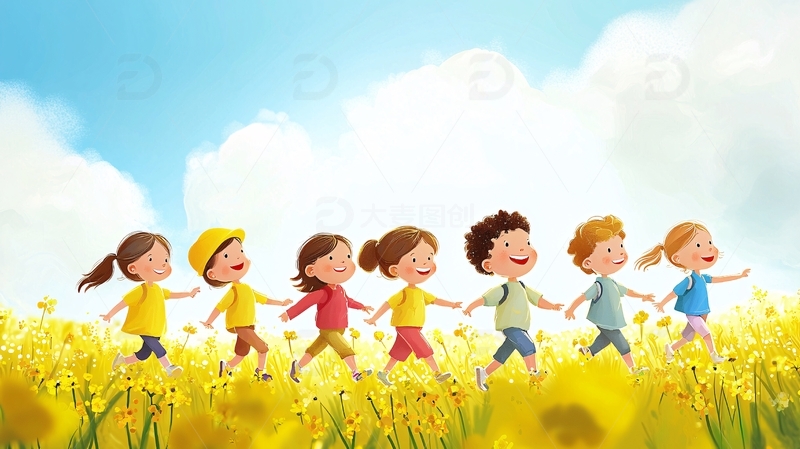 快乐的孩子们在油菜花田里行走