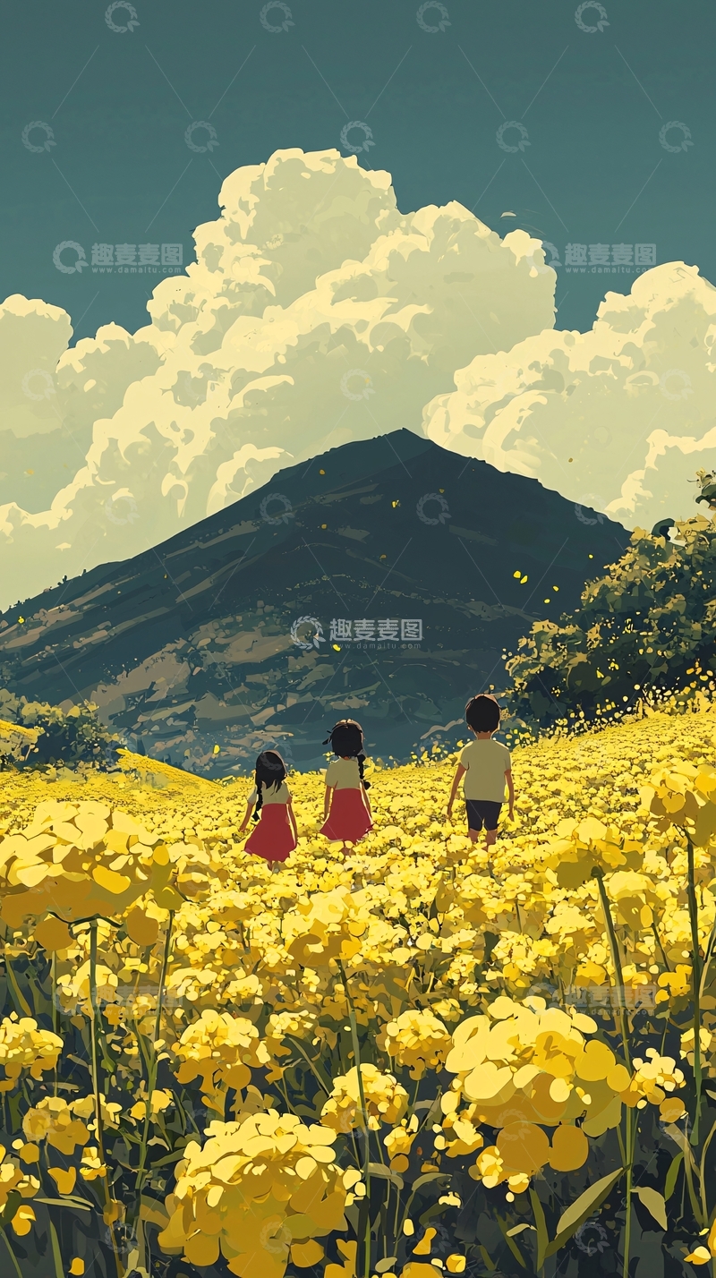 高清大图下载【趣麦麦图】黄花田野三人背影