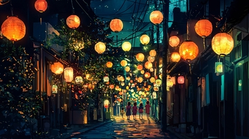 夜晚小巷悬挂灯笼