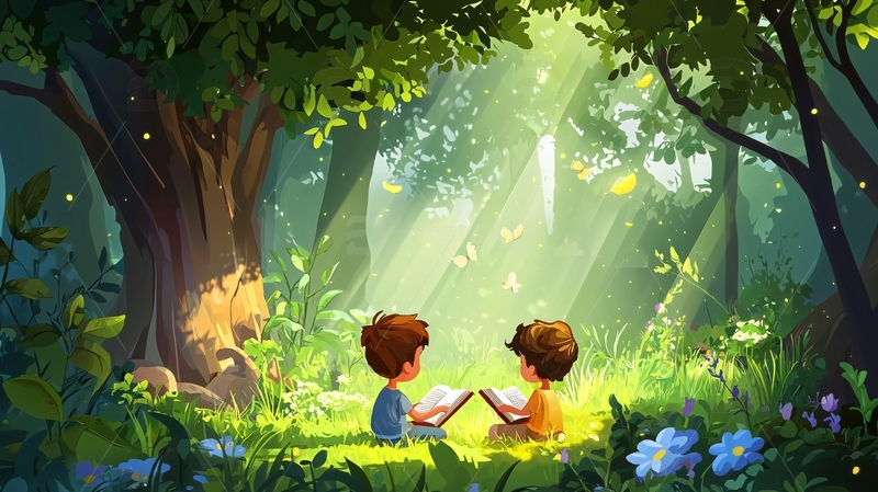 森林里看书的两个孩子