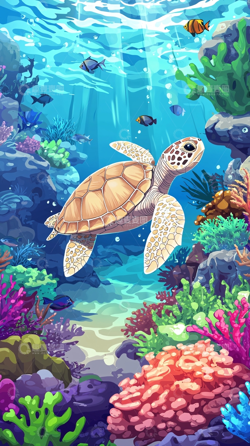 高清大图下载【趣麦麦图】海龟在珊瑚礁中畅游
