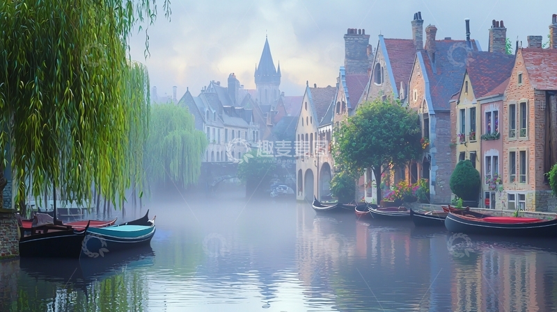 高清大图下载【趣麦麦图】清晨薄雾中的运河小镇