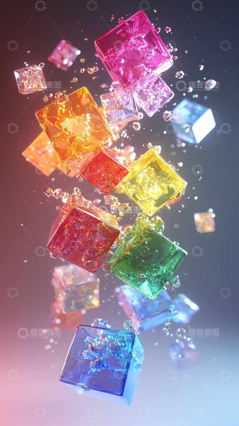 高清大图下载【趣麦麦图】彩色冰块漂浮水滴飞溅