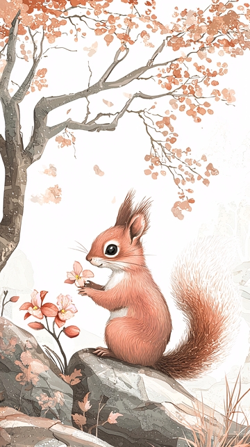 秋天小松鼠赏花图