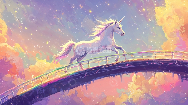 高清大图下载【趣麦麦图】彩虹桥上奔跑的白独角兽