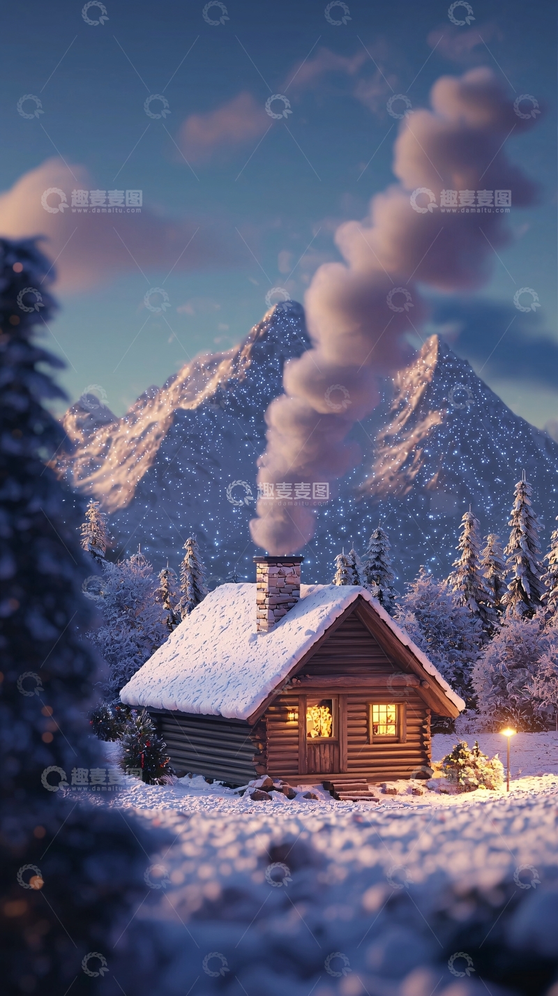 高清大图下载【趣麦麦图】雪山木屋冬日黄昏
