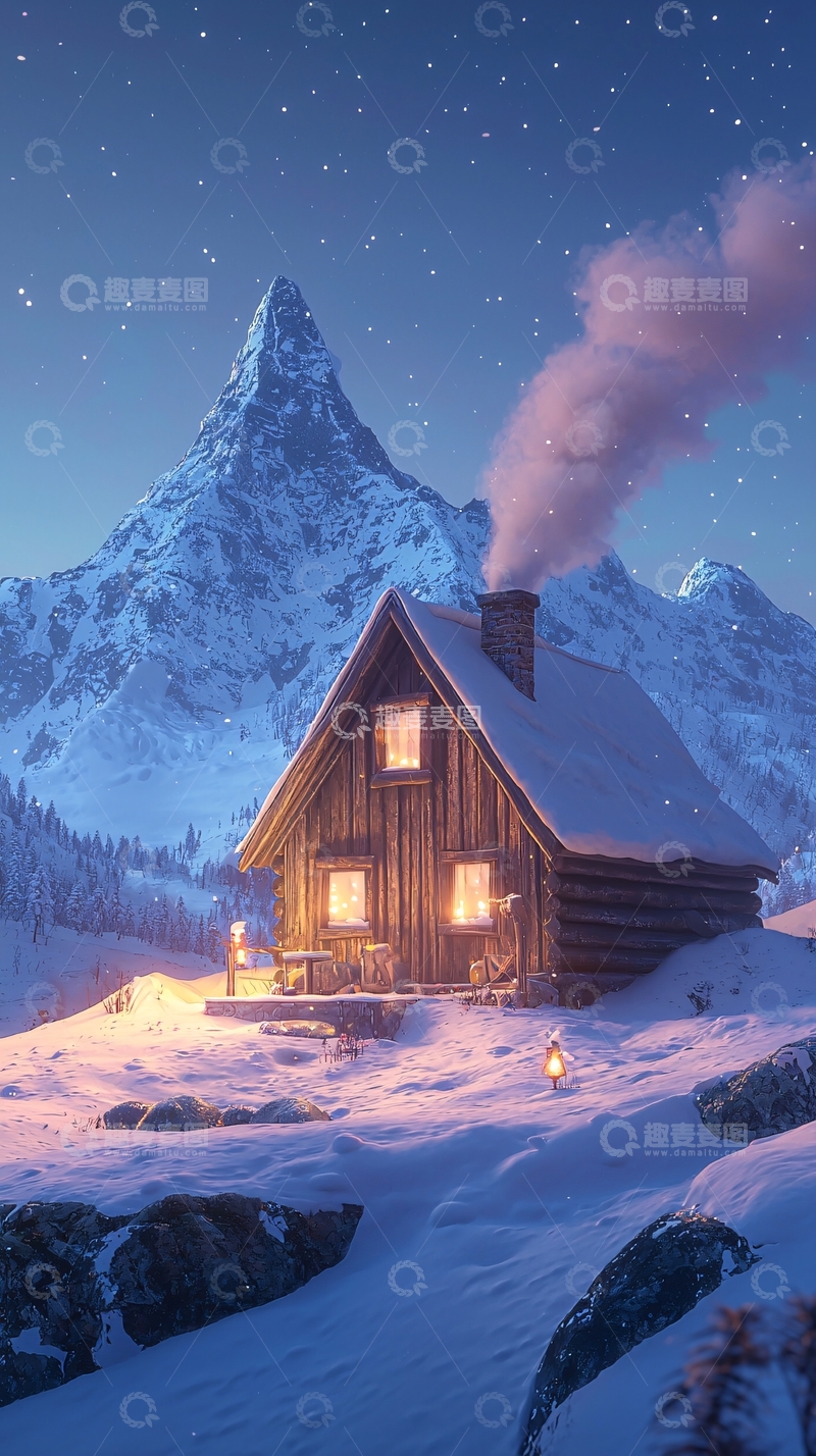 高清大图下载【趣麦麦图】雪山木屋夜景