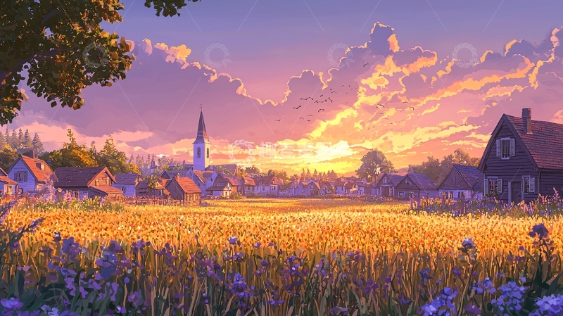高清大图下载【趣麦麦图】夕阳下的金色麦田小镇