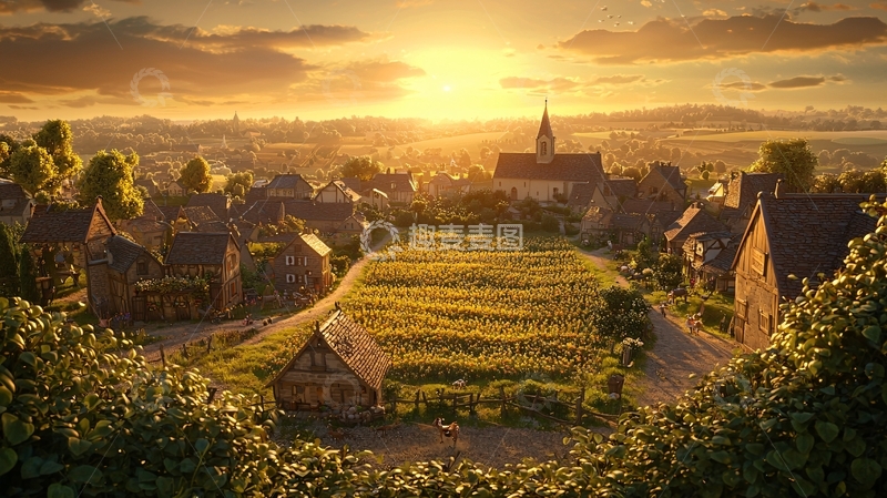 高清大图下载【趣麦麦图】夕阳下的田园小镇