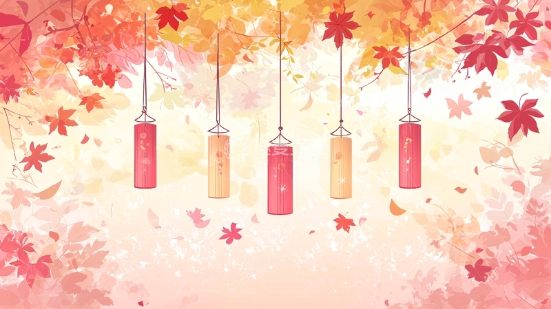 高清大图下载【趣麦麦图】秋日枫叶灯笼意境图