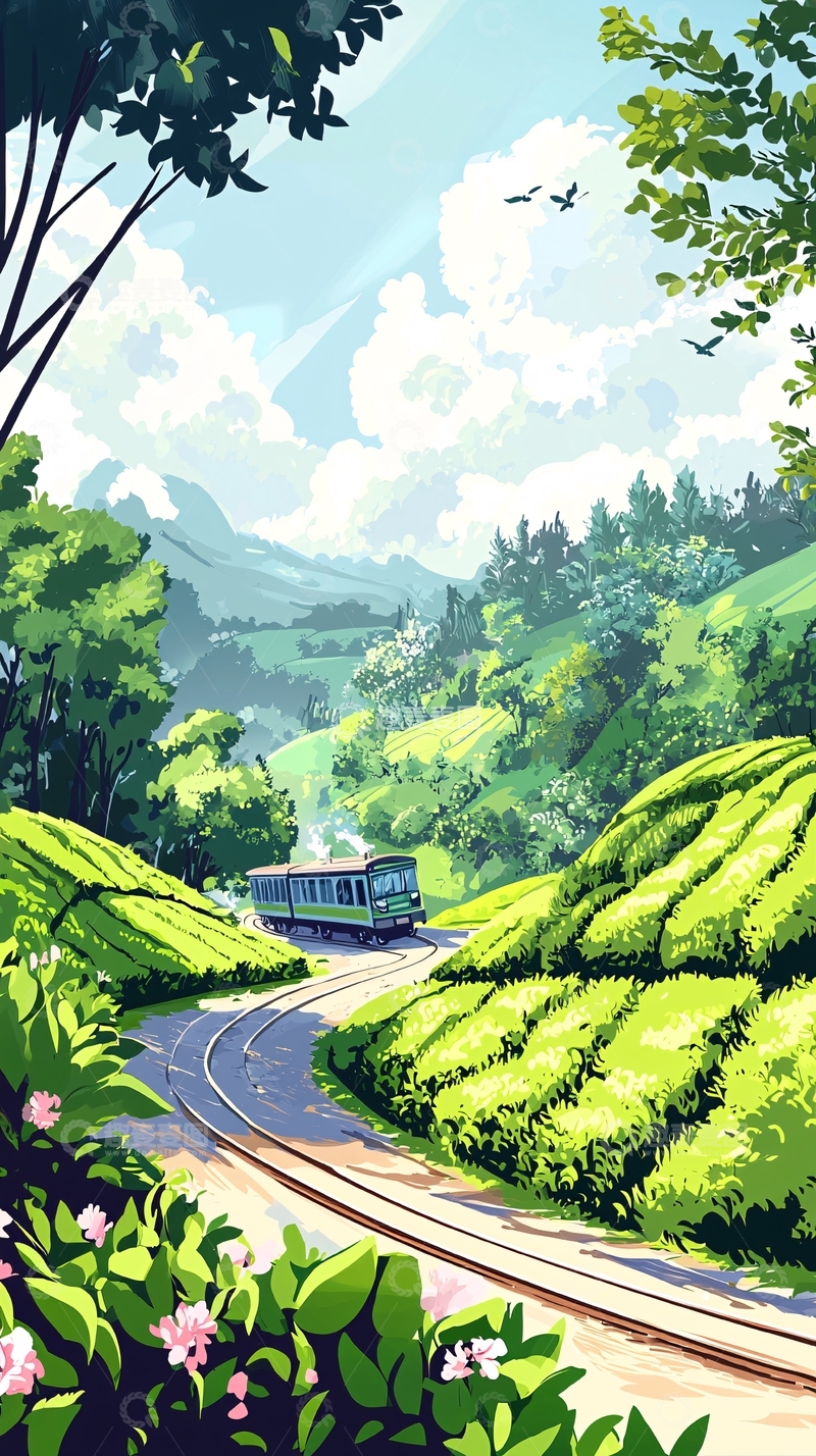 高清大图下载【趣麦麦图】绿意盎然的茶园火车