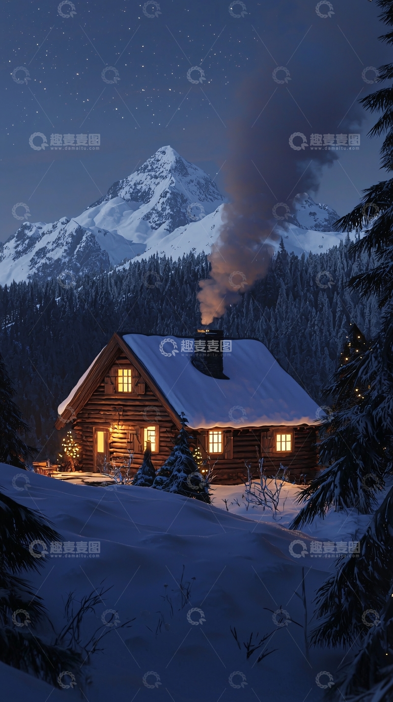 高清大图下载【趣麦麦图】雪山下的木屋