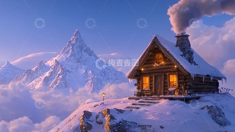 高清大图下载【趣麦麦图】雪山木屋冬日暖阳