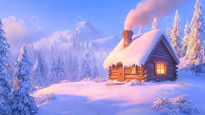 高清大图下载【趣麦麦图】雪山木屋冬日暖阳