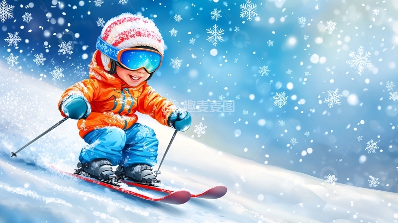 高清大图下载【趣麦麦图】雪地里快乐滑雪的小孩