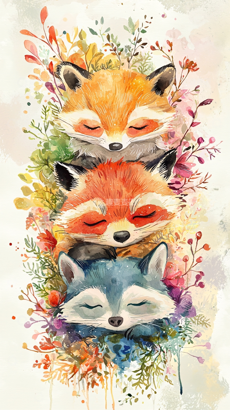高清大图下载【趣麦麦图】水彩狐狸花朵堆叠