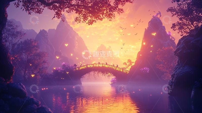 高清大图下载【趣麦麦图】梦幻紫霞仙境桥
