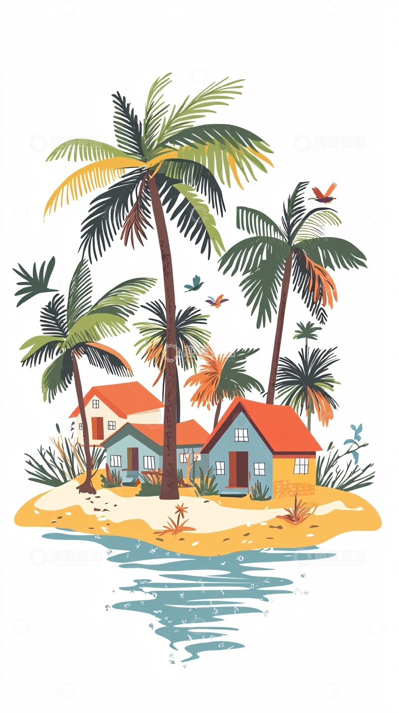 高清大图下载【趣麦麦图】热带小岛房屋棕榈树风景