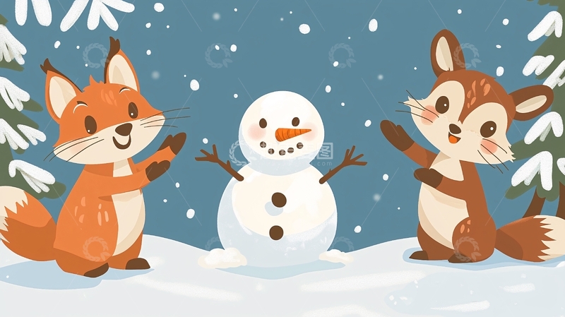 高清大图下载【趣麦麦图】卡通狐狸堆雪人