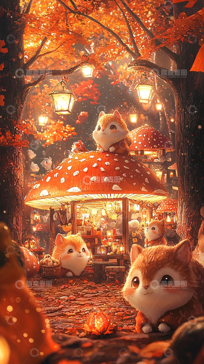 高清大图下载【趣麦麦图】秋日森林小松鼠蘑菇屋