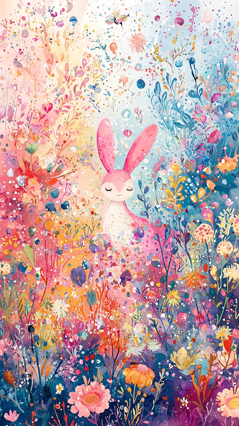 高清大图下载【趣麦麦图】彩色梦幻兔子花田